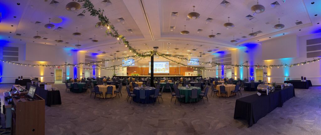 Cafe lights with greenery and uprights